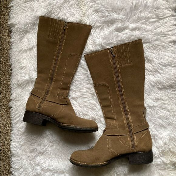 Clarks Derby Palace Leather Boots Tall Tan Side Zip Women’s Size 8 M FLAWED - Picture 2 of 16